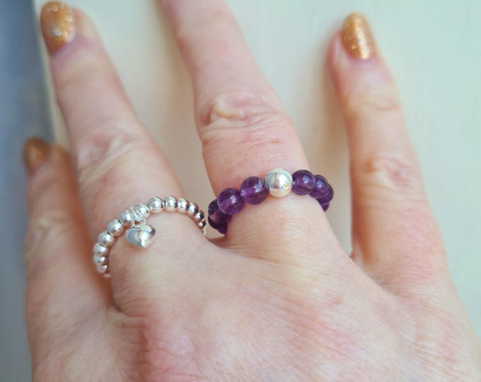 AMETHYST STRETCH ring Sterling Silver or Gold Fill beaded purple gemstone bead ring stacking February Birthstone jewellery crown CHAKRA gift