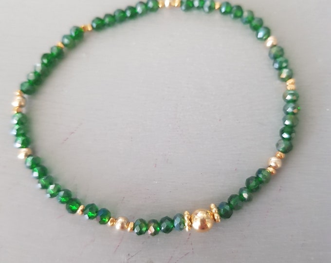 Tiny Emerald green crystal stretch bracelet Gold Fill or Sterling Silver 3mm small green beaded bracelet  May Birthstone jewellery gift