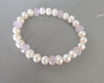 Large Freshwater Pearl and Rose Quartz stretch bracelet 7mm real white pearl and pink Gemstone bead bracelet Pearl wedding anniversary gift