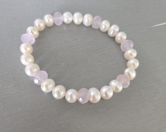 Freshwater Pearl and Rose Quartz stretch bracelet large 7mm real white pearl and pink Gemstone bead bracelet Pearl wedding anniversary gift