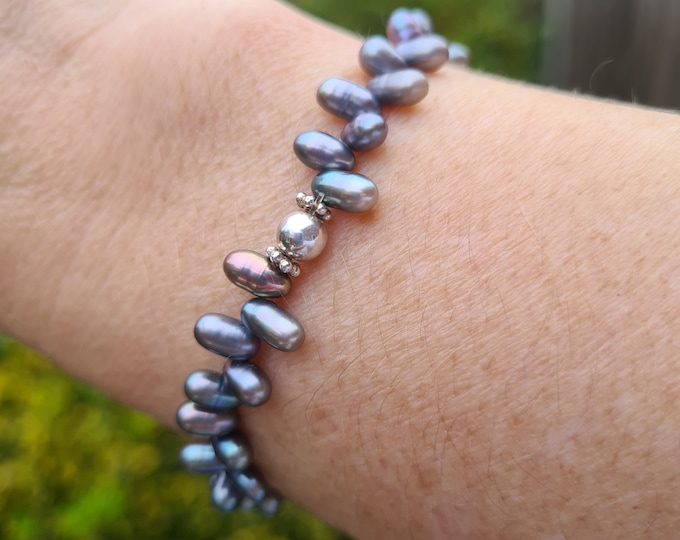 Peacock Freshwater Pearl bracelet Sterling Silver or Gold Fill grey pearl stretch bracelet real Pearl jewellery gift for girlfriend mum BFF