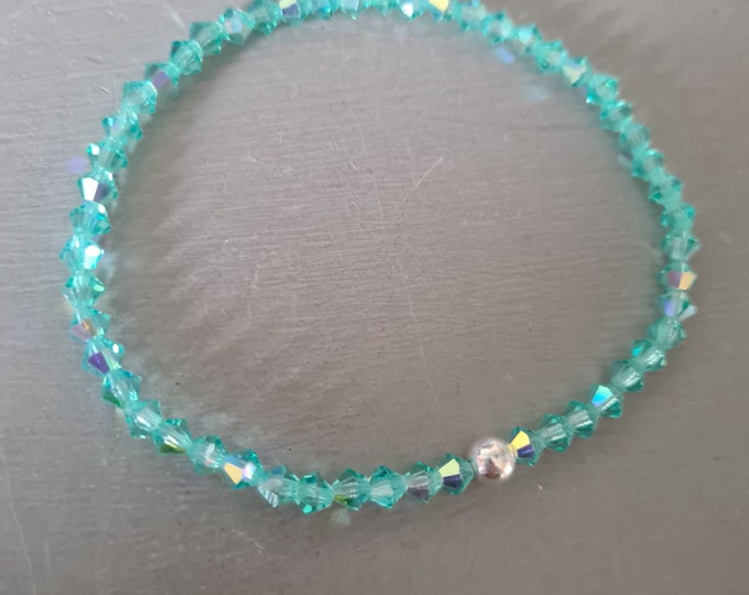 Aqua Green crystal stretch bracelet Sterling Silver Gold Fill or diamante bead tiny Aqua green AB bracelet Arthritis jewellery gift mum girl