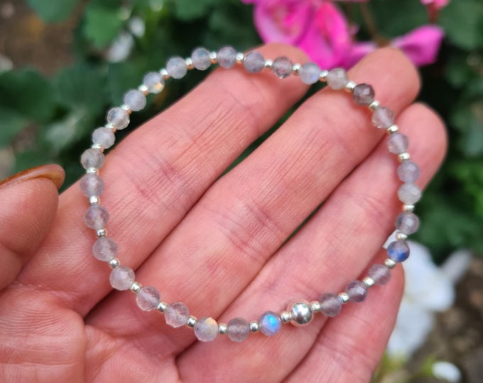 Tiny 4mm faceted Labradorite gemstone bead stretch bracelet  with Sterling Silver or Gold Fill accent bead - Healing Jewellery gift for her