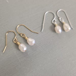 Tiny Freshwater pearl drop earrings Sterling Silver or Gold Fill real small white Baroque pearl earrings June Birthstone jewellery gift her