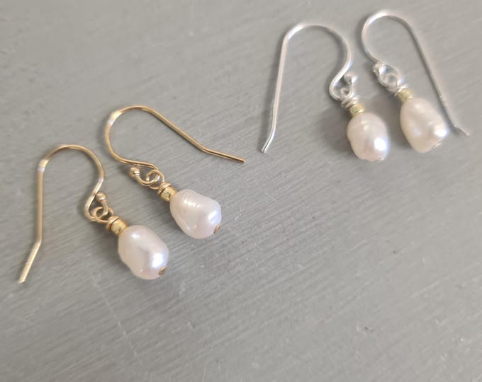 Tiny Freshwater pearl drop earrings Sterling Silver or Gold Fill real small white Baroque pearl earrings June Birthstone jewellery gift her