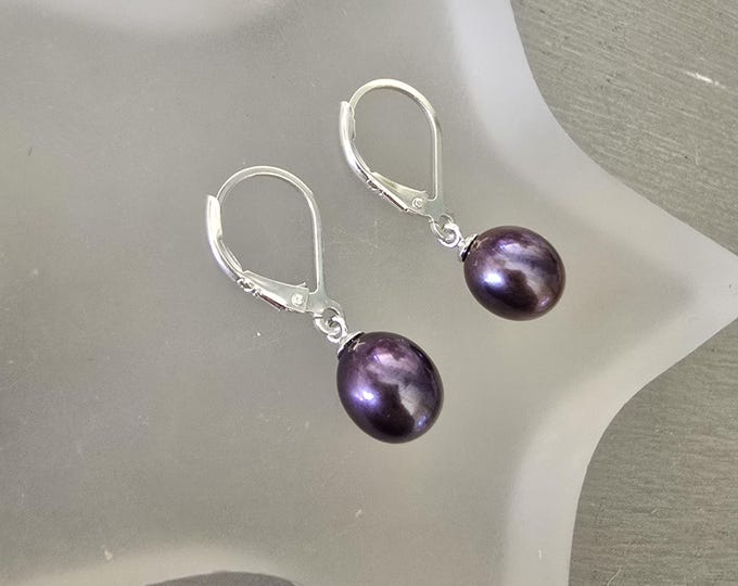Peacock Freshwater pearl drop earrings on Sterling Silver lever backs  real AA black pearl teardrop earrings June Birthstone jewellery gift