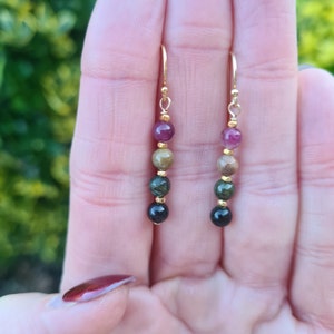 Tiny Watermelon Tourmaline earrings 14K Gold Fill real multi colour Tourmaline gemstone drop earrings October Birthstone jewellery gift