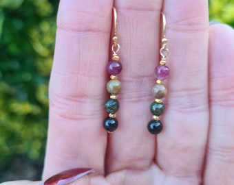 14K Gold Fill Watermelon Tourmaline earrings real multi colour Tourmaline gemstone drop earrings October Birthstone jewellery gift