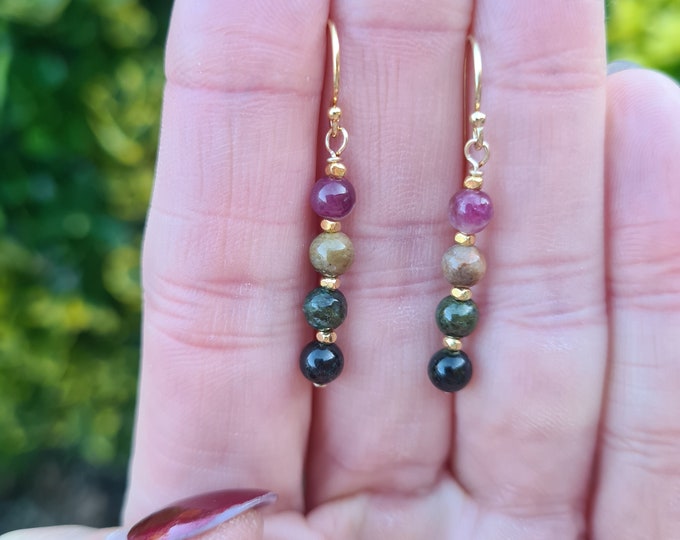 14K Gold Fill Watermelon Tourmaline earrings real multi colour Tourmaline gemstone drop earrings October Birthstone jewellery gift