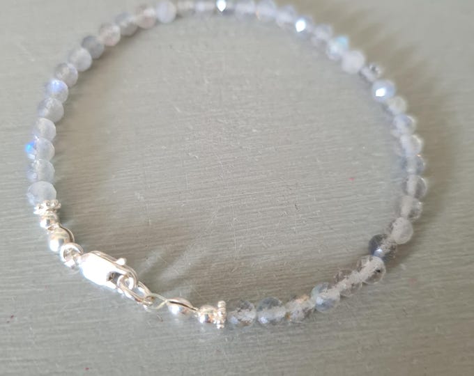 Tiny 4mm AA faceted Labradorite bead bracelet Sterling Silver or 14K Gold Fill - grey Labradorite gemstone jewellery gift for her
