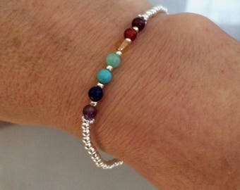 7 CHAKRA Bracelet Sterling Silver tiny gemstone bead Bracelet 4mm small beaded stretch Bracelet YOGA bracelet Chakra jewelry Boho jewellery