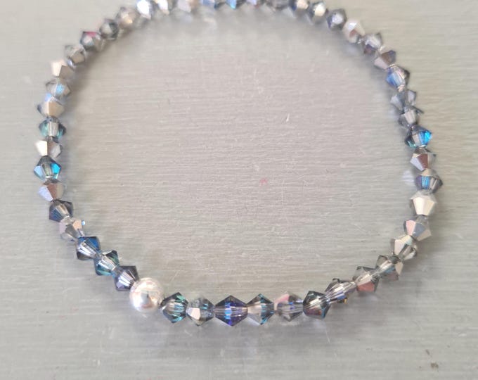 Tiny silver blue crystal stretch bracelet Sterling Silver  Gold Fill or diamante bead 4mm blue grey crystal bracelet Crystal jewellery gift