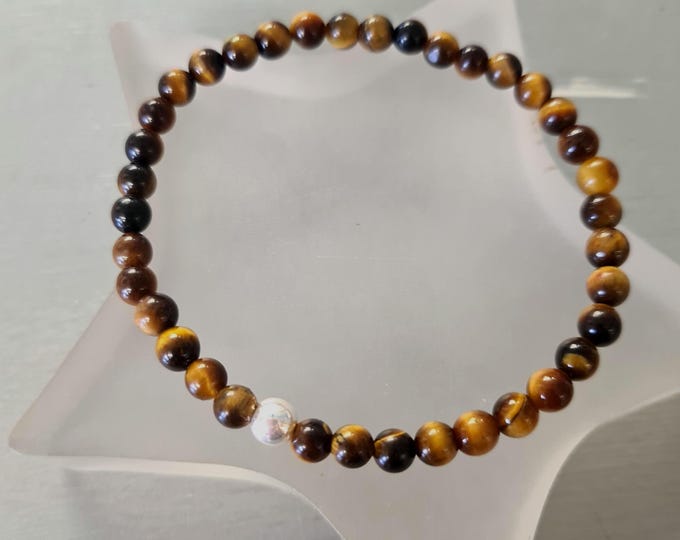 TIGERS EYE stretch Bracelet with Sterling Silver or 14 Gold Fill accent bead - Tiger's Eye Solar Chakra jewellery Gift for her or for him