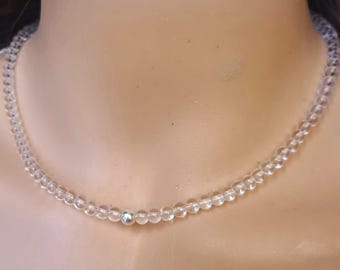 Clear Quartz choker necklace Sterling Silver or Gold Fill tiny 4mm Clear Rock Quartz gemstone bead necklace April Birthstone jewellery gift