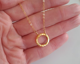 24K Gold Vermeil hammered circle necklace choker Gold Rose Gold circle pendant necklace eternal love jewellery 1st and 50th anniversary gift