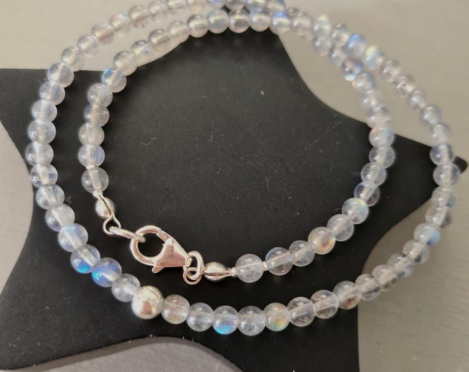 Tiny 4mm Labradorite grey gemstone bead necklace Sterling Silver or 14k Gold Fill - real flashy Labradorite Chakra jewellery gift