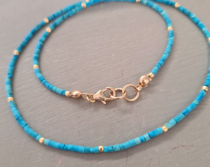 Tiny Turquoise choker necklace Gold Fill 2mm blue Turquoise Heishi bead gemstone necklace  December Birthstone jewellery gift for her girl