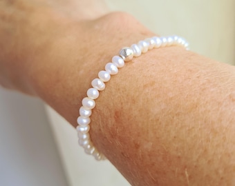 Tiny 3-4mm white Freshwater seed Pearl STRETCH Bracelet Sterling Silver or 14K Gold Fill - June Birthstone jewellery gift for her girl