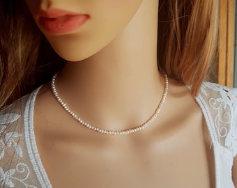 Tiny Freshwater seed Pearl necklace choker Sterling Silver or Gold Fill small 3mm white real pearl necklace June Birthstone jewellery gift