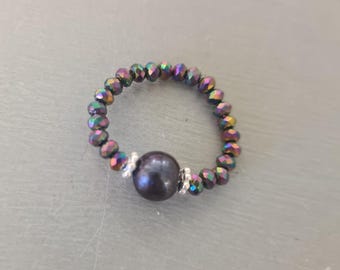 Black Freshwater Pearl stretch ring Sterling Silver or Gold real Peacock  pearl & crystal ring June BIRTHSTONE jewellery gift
