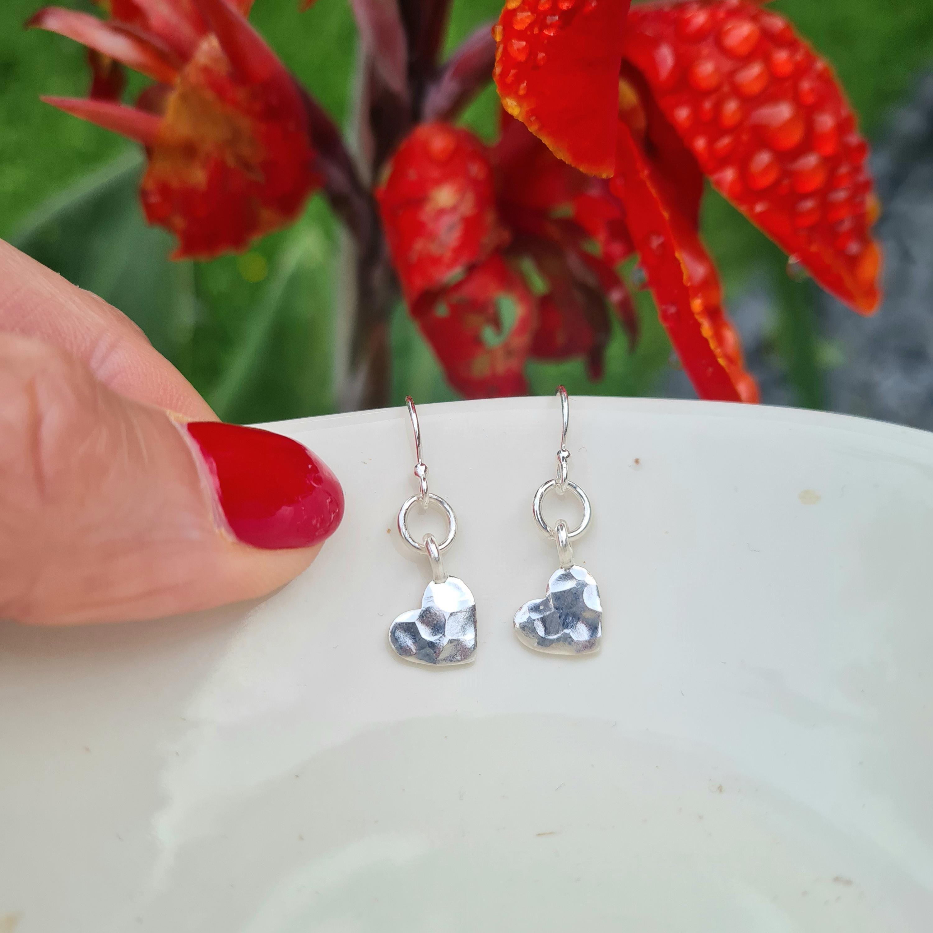 Heart Earrings with Red Swarovski(R) Crystal Drops Hammered Sterling Silver Heart Earrings with Red Swarovski(R) Crystal Drops Hammered Sterling Silver