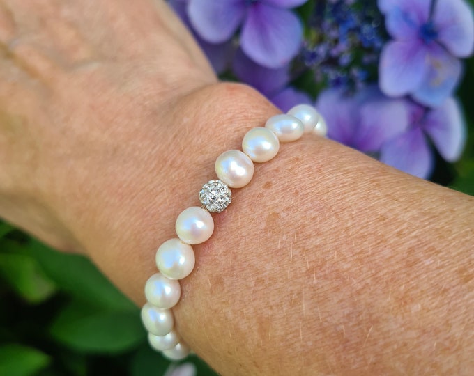 Baroque Pearl stretch bracelet diamante pave bead white large Freshwater pearl bracelet June Birthstone real pearl jewellery gift for mum