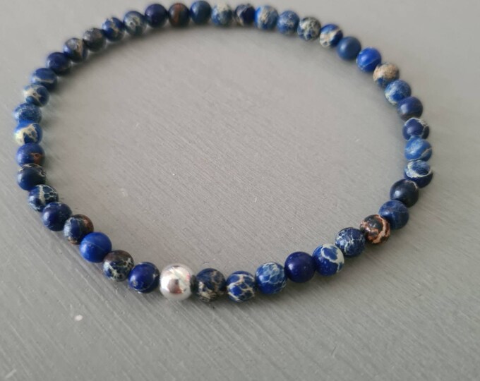 Blue Jasper stretch bracelet Sterling Silver or Gold Fill tiny 4mm blue gemstone bead bracelet small Beaded bracelet heart Chakra jewellery