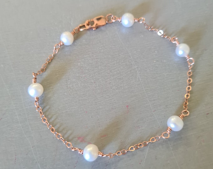 14K Gold Fill Small Real Pearl bracelet or Rose Gold Fill white Freshwater pearl bracelet June Birthstone jewellery gift bridal bracelet