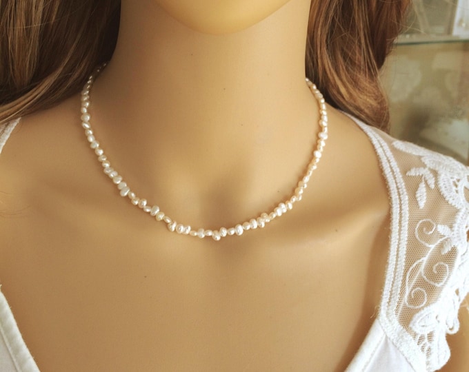 Tiny 3mm Freshwater Pearl choker necklace with Sterling Silver or 14K Gold Fill clasp -  June Birthstone jewellery gift
