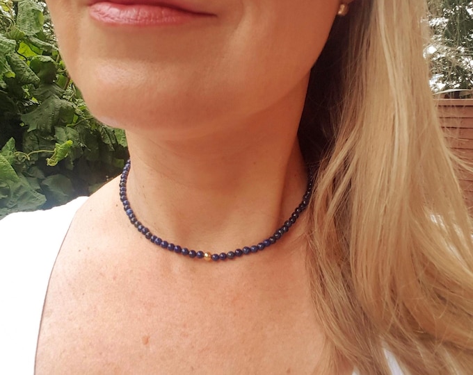 Tiny Blue Lapis Lazuli gemstone bead necklace choker in Sterling Silver or 14K Gold Fill  - September Birthstone jewellery gift for her him