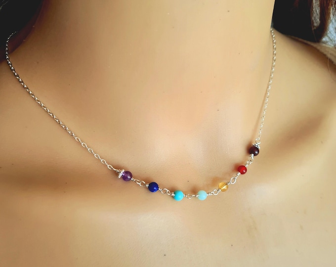 Tiny 7 Chakra necklace choker Sterling Silver or 14K Gold Fill 4mm RAINBOW multi gemstone bead BOHO 7 Chakra Healing jewellery gift for girl