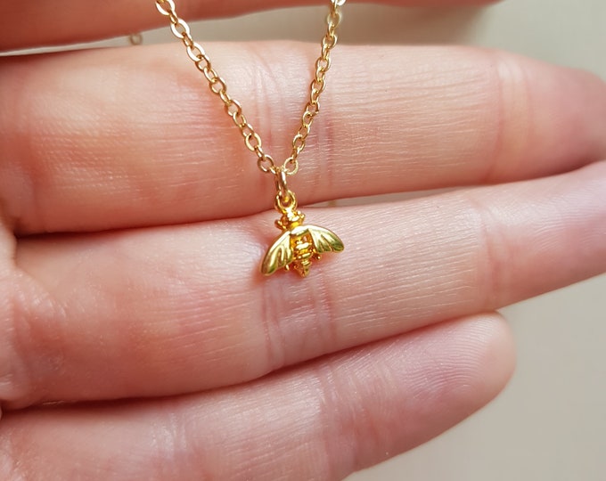 Tiny 24K Gold Vermeil bee necklace small bee pendant on 14K Gold Filled chain small Gold bee choker dainty Gold bee lover jewellery gift