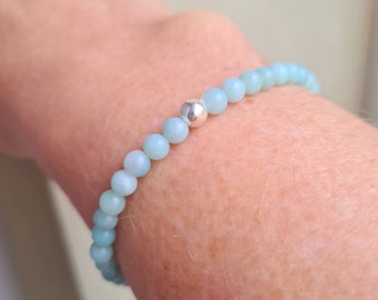 Tiny AMAZONITE STRETCH Bracelet Sterling Silver or 14K Gold Fill 4mm Aqua blue green gemstone bead Bracelet heart Chakra jewellery gift