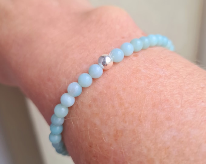 Tiny AMAZONITE STRETCH Bracelet Sterling Silver or 14K Gold Fill 4mm Aqua blue green gemstone bead Bracelet heart Chakra jewellery gift