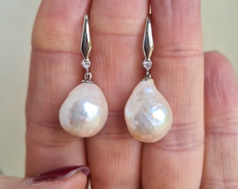 Large Baroque pearl earrings Sterling Silver big white Freshwater pearl drop earrings real classic pearl earrings jewellery gift for her mum