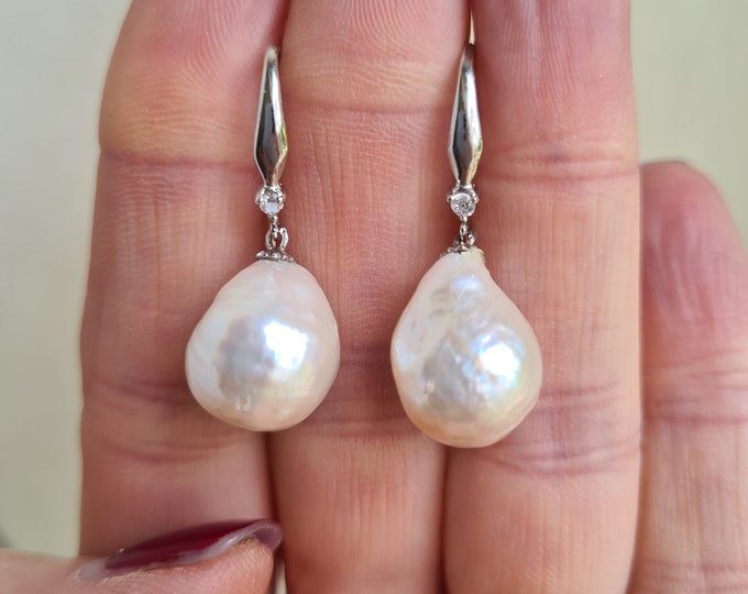 Large Baroque pearl earrings Sterling Silver big white Freshwater pearl drop earrings real classic pearl earrings jewellery gift for her mum