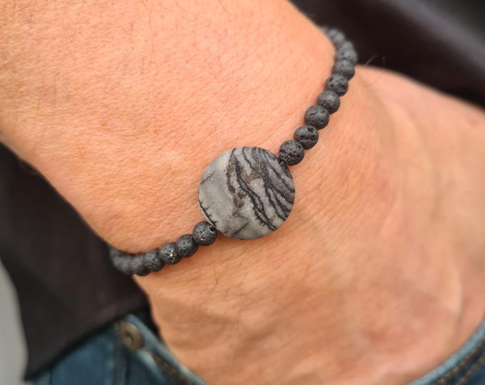 Mens bracelet BLACK LAVA and grey Picasso Jasper Bracelet black gemstone bead Bracelet Chakra Bracelet for men men's jewellery gift for him