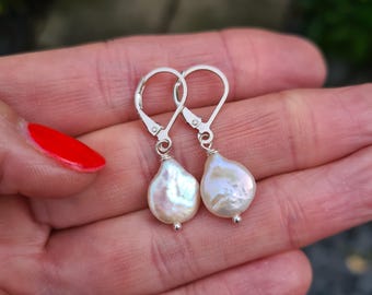 Freshwater pearl coin earrings Sterling Silver / Gold 10mm real pearl bridal earrings June Birthstone jewellery  3rd & 30th anniversary gift