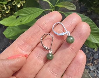 Small Green Jade earrings Sterling Silver / 14K Gold Fill 6mm green Jade gemstone drop earrings Heart Chakra jewellery gift for her or him