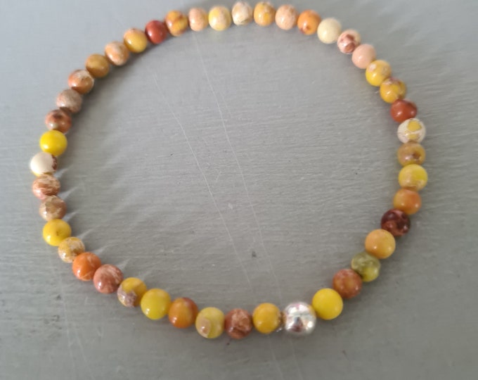 YELLOW JASPER gemstone bead STRETCH Bracelet with Sterling Silver or 14K Gold Fill accent bead - Solar Chakra Yoga jewellery gift