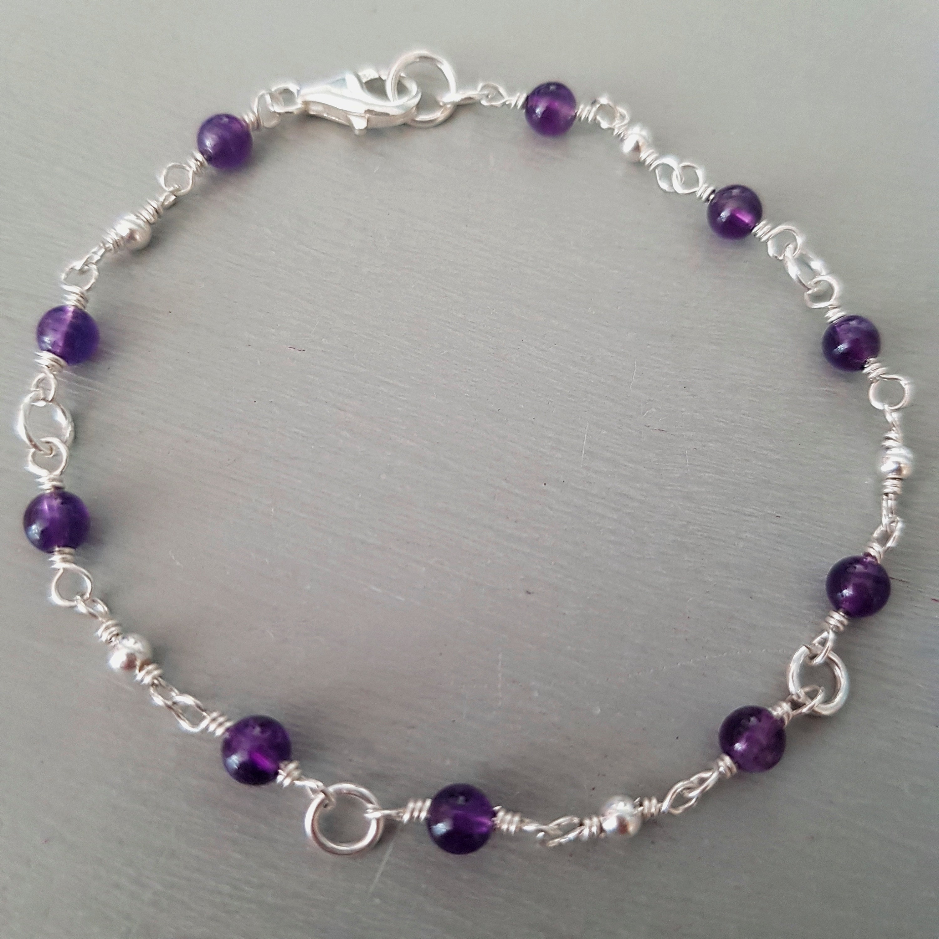 Sterling Silver AMETHYST Bracelet tiny 4mm purple gemstone Bead