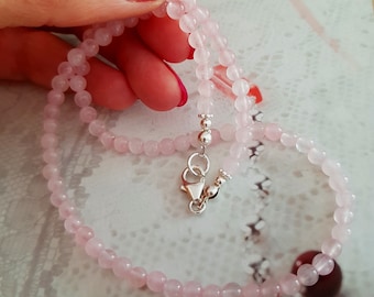 Tiny Rose Quartz necklace choker Sterling Silver pink gemstone bead necklace January Birthstone jewelry Heart Chakra Healing crystal gift