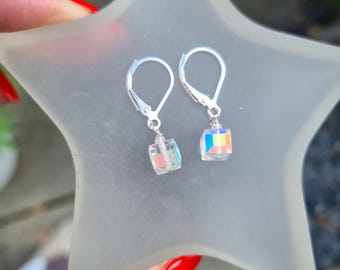 Tiny AB Swarovski crystal cube earrings on Sterling Silver or 14K Gold Fill fastenings of your choice  AB Swarovski Crystal jewellery gift