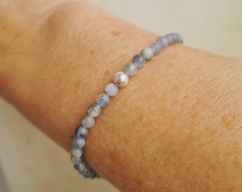 Tiny 4mm blue grey KYANITE gemstone bead stretch Bracelet with Sterling Silver or 14K Gold accent bead - throat Chakra jewellery gift