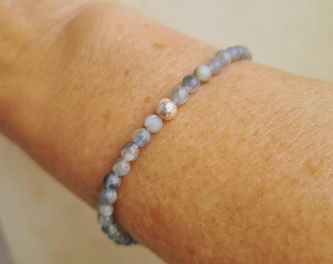 Tiny 4mm blue grey KYANITE gemstone bead stretch Bracelet with Sterling Silver or 14K Gold accent bead - throat Chakra jewellery gift
