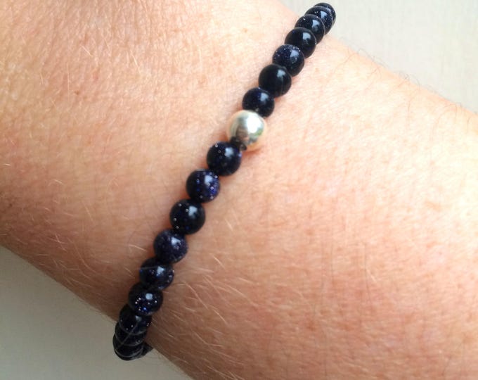 BLUE GOLDSTONE stretch Bracelet with Sterling Silver or 14K Gold Fill accent bead - throat Chakra - healing jewellery gift