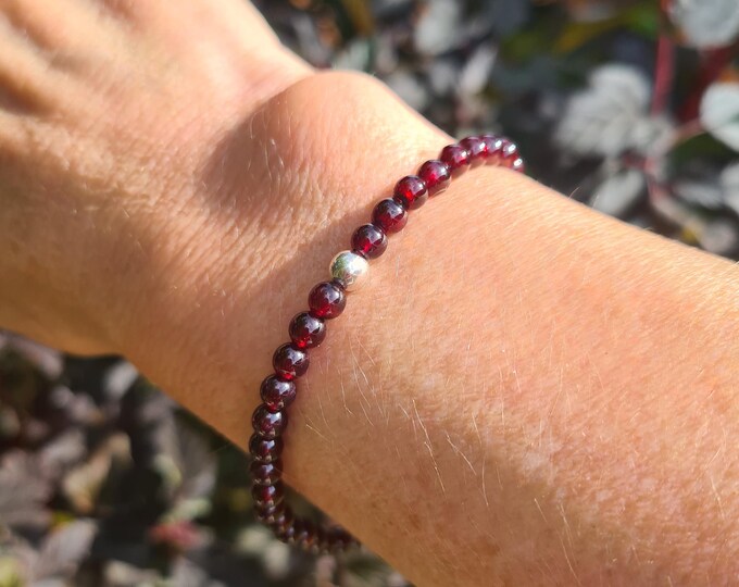 Garnet stretch Bracelet Sterling Silver or 14K Gold Fill tiny 4mm red Garnet gemstone bead Bracelet 2nd anniversary January Birthstone Gift