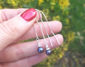 Blue Black Freshwater pearl threader earrings Sterling Silver / Gold long real Peacock pearl earrings June Birthstone jewellery gift for her