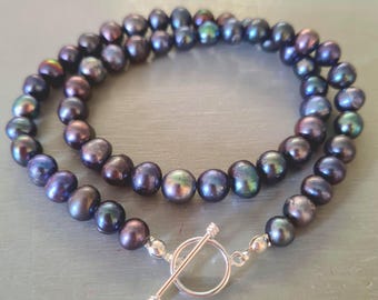 Peacock Black Freshwater Pearl necklace choker Sterling Silver 7mm real rainbow black pearl necklace June Birthstone jewellery gift for her