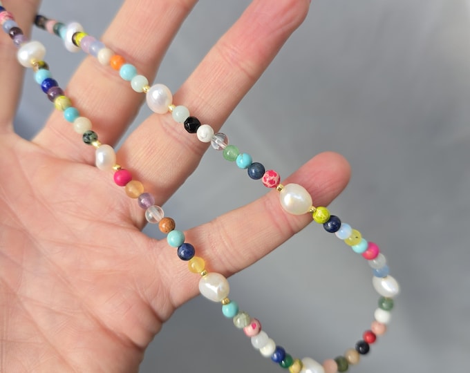 Tiny Multi gemstone necklace choker with real Baroque pearls 925 Silver Gold Fill 4mm rainbow colour gemstone bead handmade jewellery gift